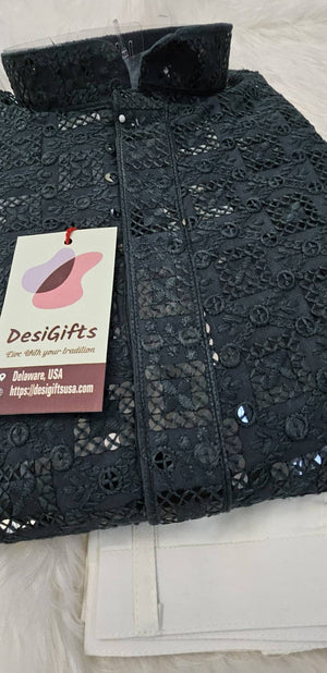 Blue Gray Shade Sequins Work Chikankari Viscose 2 Piece Kurta Pajama Set for Man, KP - 1687