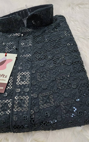 Blue Gray Shade Sequins Work Chikankari Viscose 2 Piece Kurta Pajama Set for Man, KP - 1687