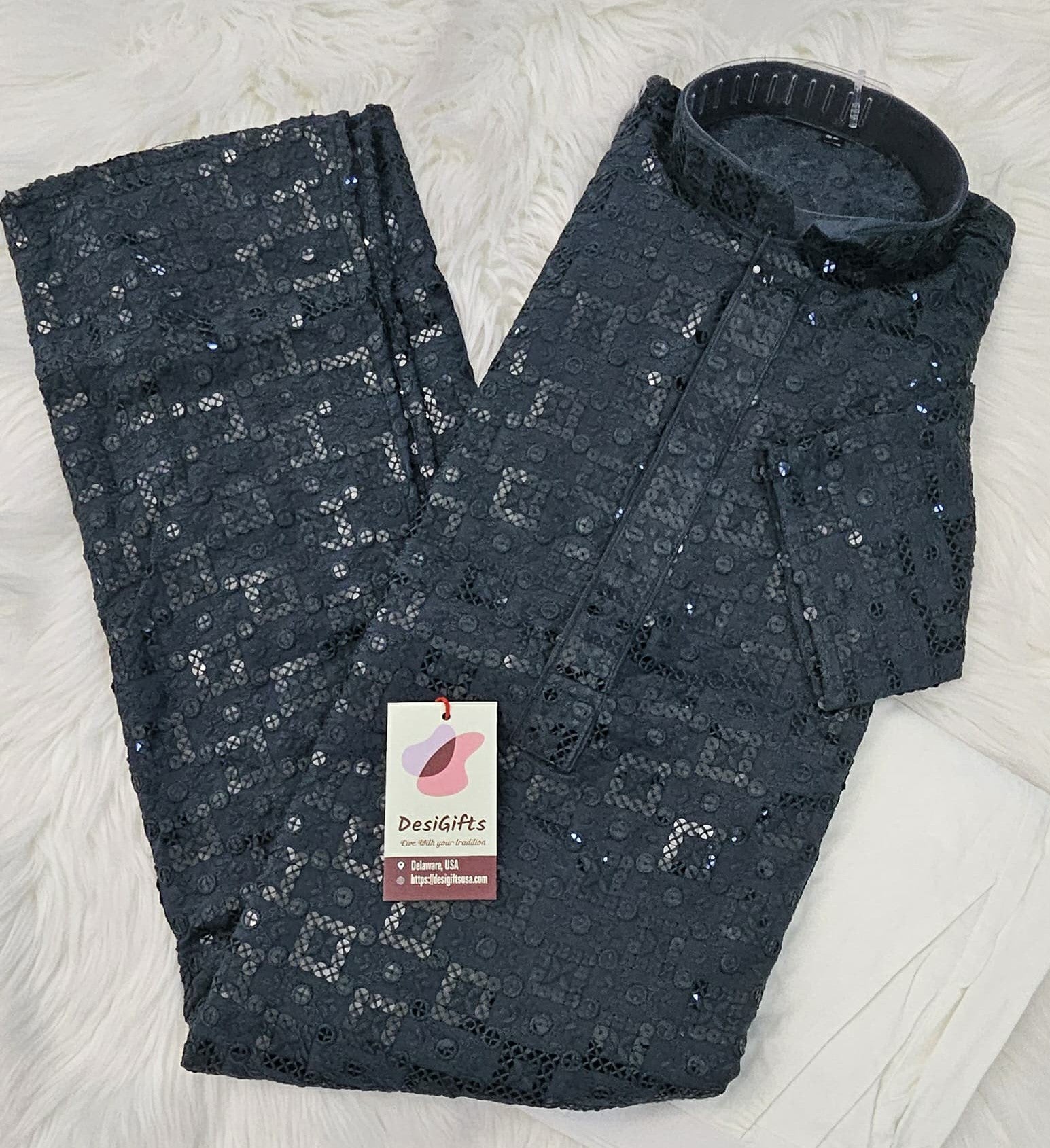 Blue Gray Shade Sequins Work Chikankari Viscose 2 Piece Kurta Pajama Set for Man, KP - 1687