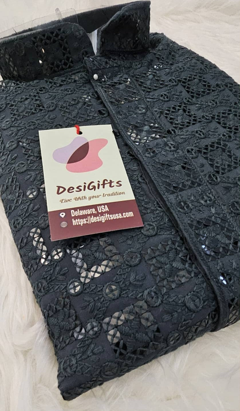 Blue Gray Shade Sequins Work Chikankari Viscose 2 Piece Kurta Pajama Set for Man, KP - 1687