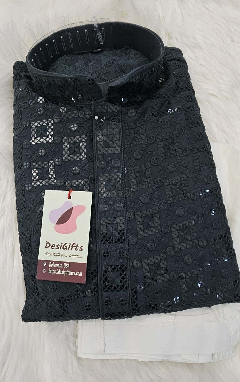 Blue Gray Shade Sequins Work Chikankari Viscose 2 Piece Kurta Pajama Set for Man, KP - 1687