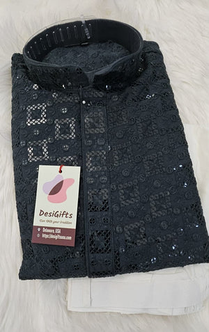 Blue Gray Shade Sequins Work Chikankari Viscose 2 Piece Kurta Pajama Set for Man, KP - 1687