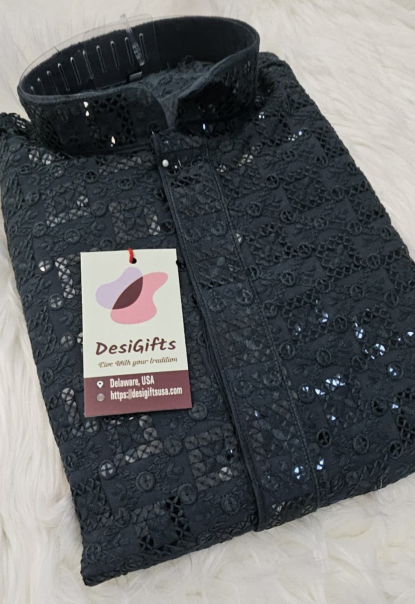 Blue Gray Shade Sequins Work Chikankari Viscose 2 Piece Kurta Pajama Set for Man, KP - 1687