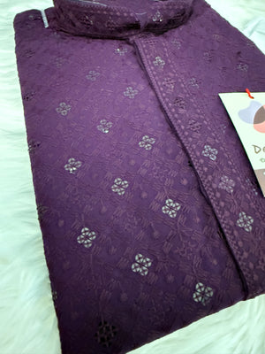 Deep Violet Shade 2 Piece Kurta Pajama Set for Man with Embroidery Chikankari Viscose and Sequins Work , KP - 1688