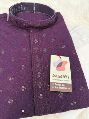 Deep Violet Shade 2 Piece Kurta Pajama Set for Man with Embroidery Chikankari Viscose and Sequins Work , KP - 1688