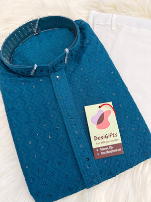 Sea Blue Shade Beautiful Kurta Pajama Set for Man with Embroidery Chikankari and Sequins Work, KP - 1689