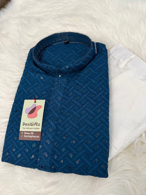 Sea Blue Shade Beautiful Kurta Pajama Set for Man with Embroidery Chikankari and Sequins Work, KP - 1691