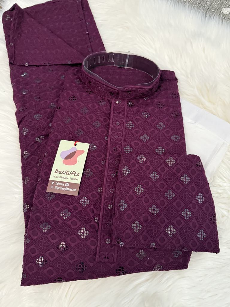 Dark Purple Shade Chikankari Embroidery with Sequins Work 2 Piece Kurta Pajama Set for Man, KP - 1692