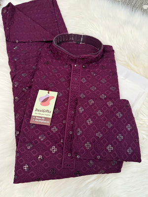 Dark Purple Shade Chikankari Embroidery with Sequins Work 2 Piece Kurta Pajama Set for Man, KP - 1692