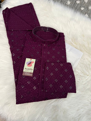 Dark Purple Shade Chikankari Embroidery with Sequins Work 2 Piece Kurta Pajama Set for Man, KP - 1692