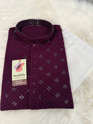 Dark Purple Shade Chikankari Embroidery with Sequins Work 2 Piece Kurta Pajama Set for Man, KP - 1692