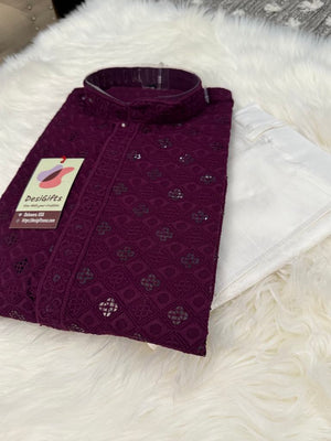 Dark Purple Shade Chikankari Embroidery with Sequins Work 2 Piece Kurta Pajama Set for Man, KP - 1692