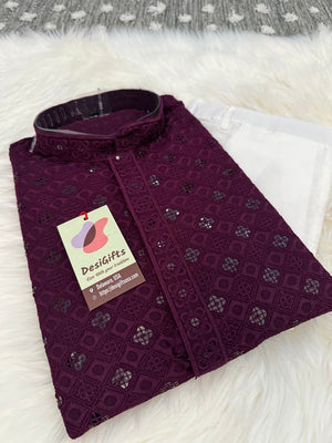 Dark Purple Shade Chikankari Embroidery with Sequins Work 2 Piece Kurta Pajama Set for Man, KP - 1692