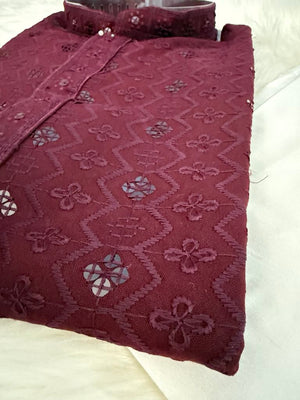 Burgundy Shade Stylish Kurta Pajama Set for Man with Embroidery Chikankari and Sequins Work, KP - 1695