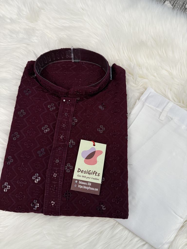 Burgundy Shade Stylish Kurta Pajama Set for Man with Embroidery Chikankari and Sequins Work, KP - 1695