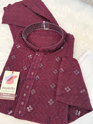 Burgundy Shade Stylish Kurta Pajama Set for Man with Embroidery Chikankari and Sequins Work, KP - 1695