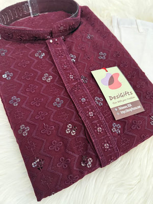 Burgundy Shade Stylish Kurta Pajama Set for Man with Embroidery Chikankari and Sequins Work, KP - 1695