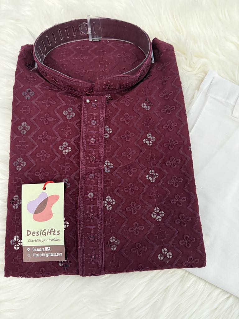 Burgundy Shade Stylish Kurta Pajama Set for Man with Embroidery Chikankari and Sequins Work, KP - 1695