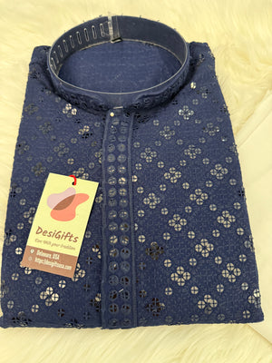 Denim Blue Shade Stylish Kurta Pajama Set with Embroidery Chikankari and Sequins Work  Set for Man, Festive Wear, KP - 1696