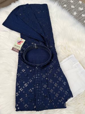 Denim Blue Shade Stylish Kurta Pajama Set with Embroidery Chikankari and Sequins Work  Set for Man, Festive Wear, KP - 1696