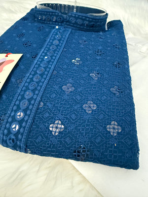 Cobalt Blue Shade Chikankari Embroidery with Sequins Work 2 Piece Kurta Pajama Set for Man, KP - 1697