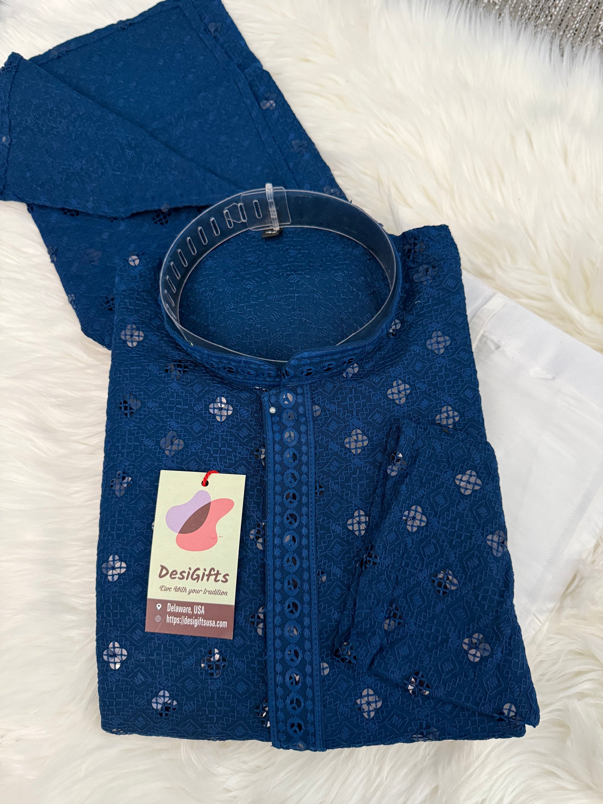 Cobalt Blue Shade Chikankari Embroidery with Sequins Work 2 Piece Kurta Pajama Set for Man, KP - 1697