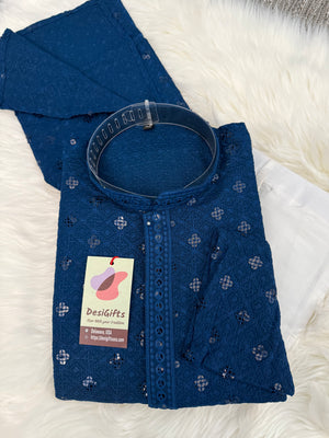 Cobalt Blue Shade Chikankari Embroidery with Sequins Work 2 Piece Kurta Pajama Set for Man, KP - 1697