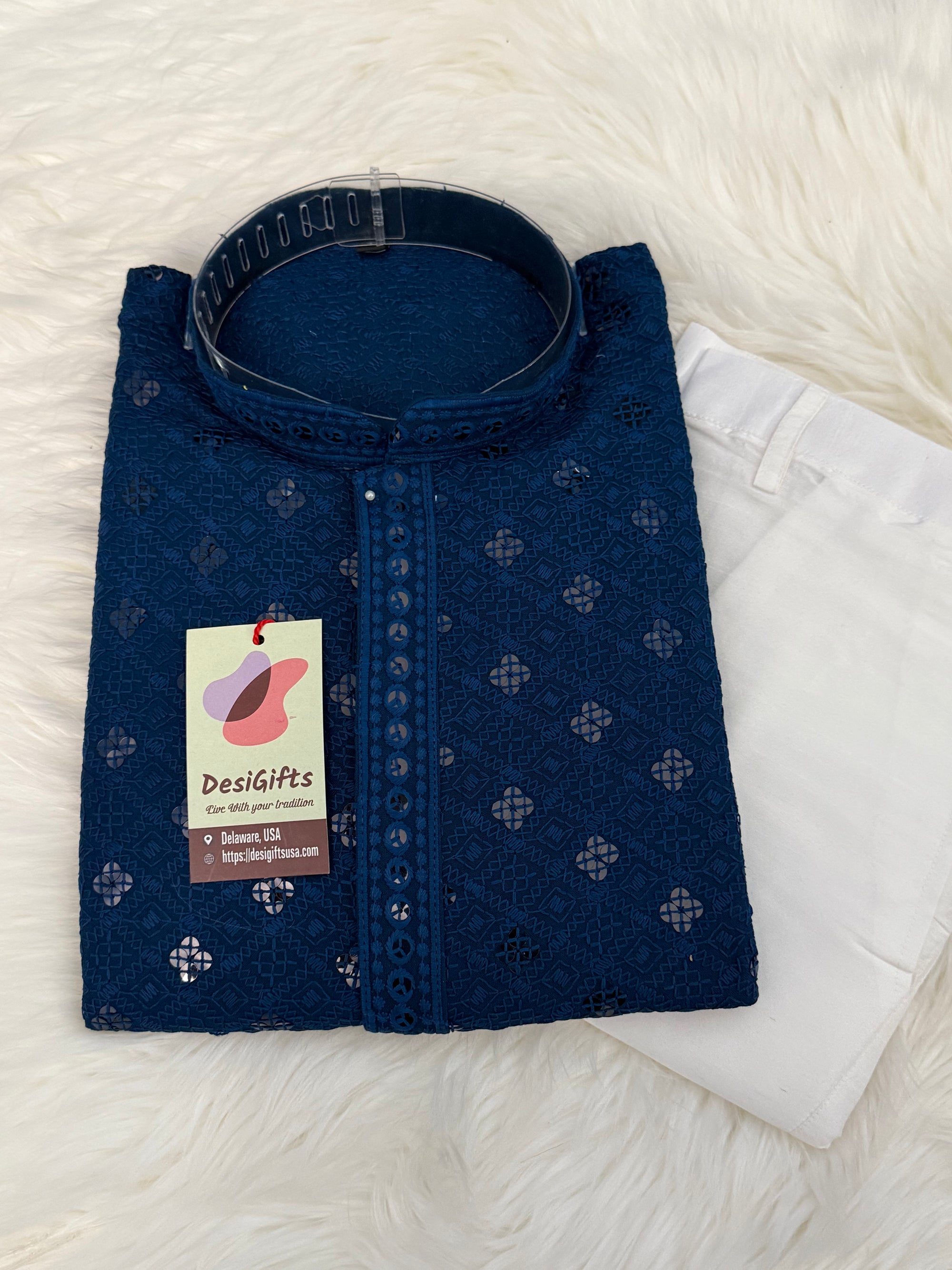 Cobalt Blue Shade Chikankari Embroidery with Sequins Work 2 Piece Kurta Pajama Set for Man, KP - 1697