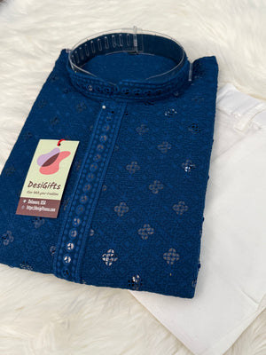 Cobalt Blue Shade Chikankari Embroidery with Sequins Work 2 Piece Kurta Pajama Set for Man, KP - 1697