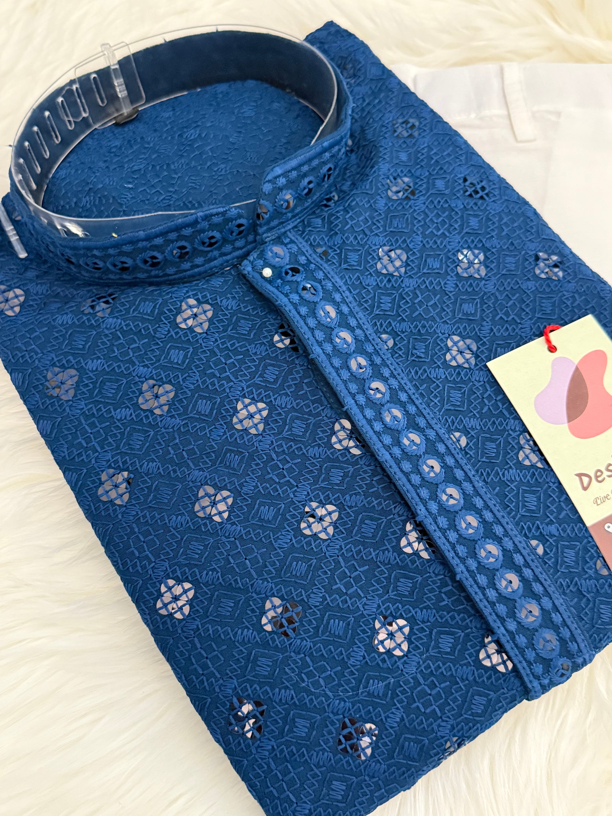 Cobalt Blue Shade Chikankari Embroidery with Sequins Work 2 Piece Kurta Pajama Set for Man, KP - 1697