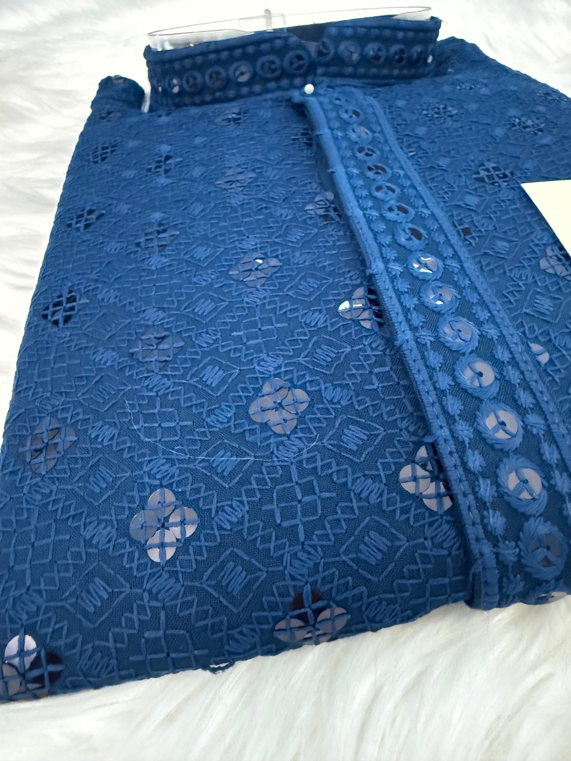 Cobalt Blue Shade Chikankari Embroidery with Sequins Work 2 Piece Kurta Pajama Set for Man, KP - 1697