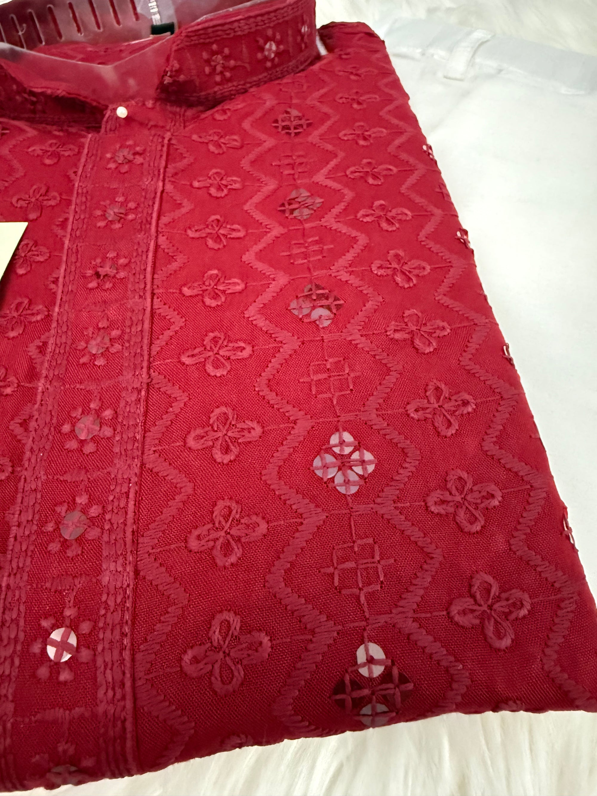 Apple Red Chikankari Embroidery with Sequins Work 2 Piece Kurta Pajama Set for Man, KP - 1698