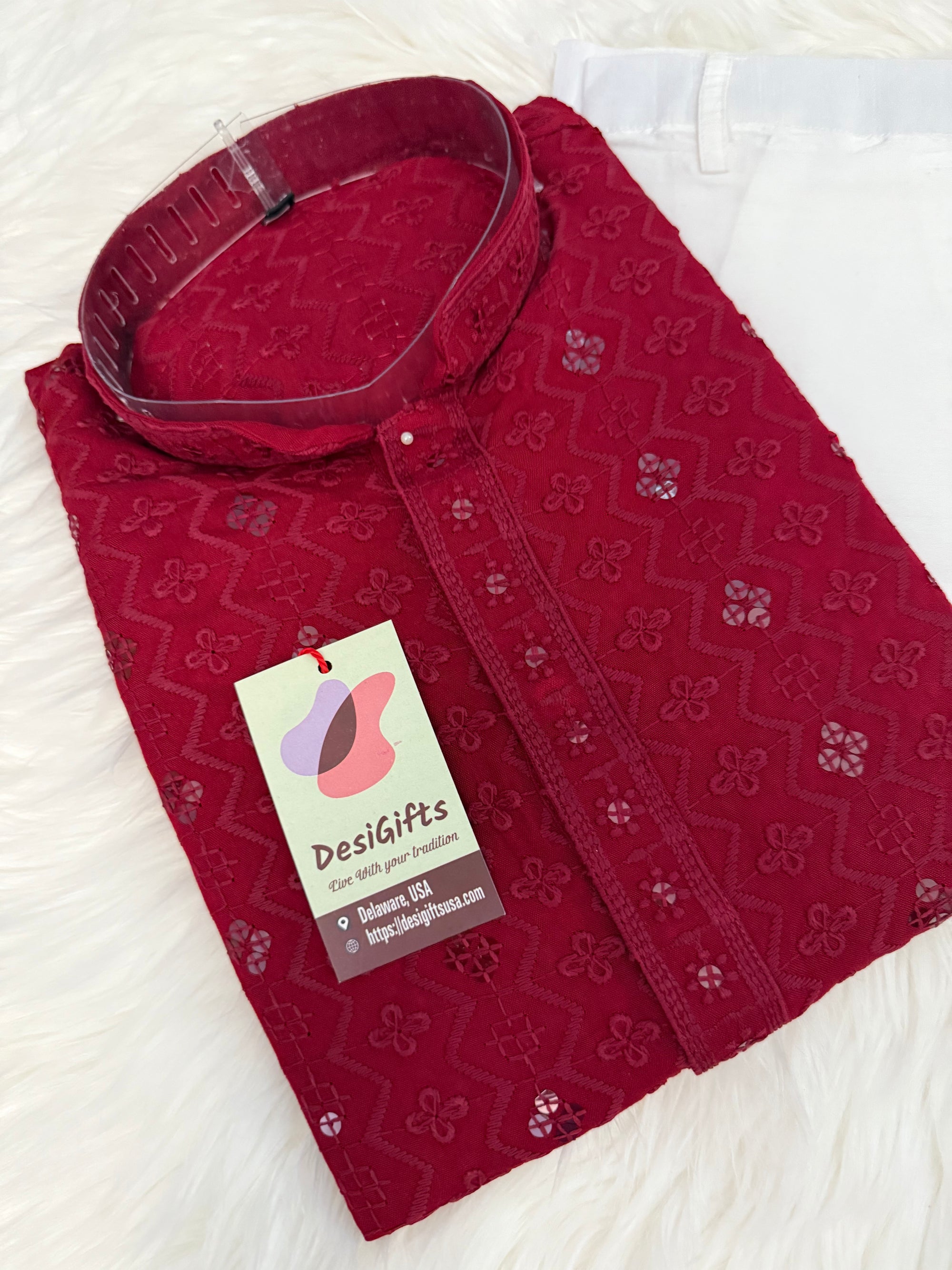 Apple Red Chikankari Embroidery with Sequins Work 2 Piece Kurta Pajama Set for Man, KP - 1698