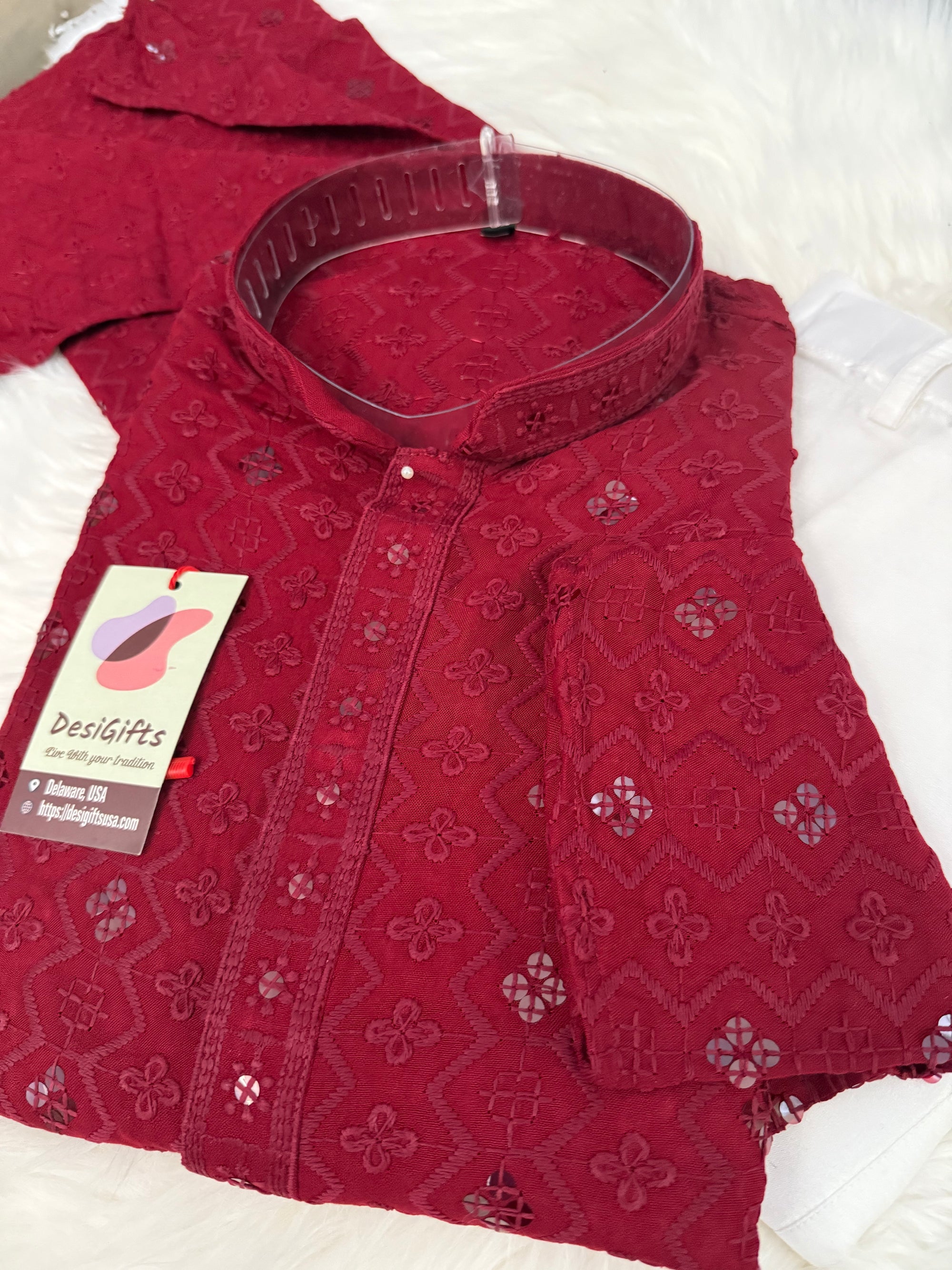 Apple Red Chikankari Embroidery with Sequins Work 2 Piece Kurta Pajama Set for Man, KP - 1698