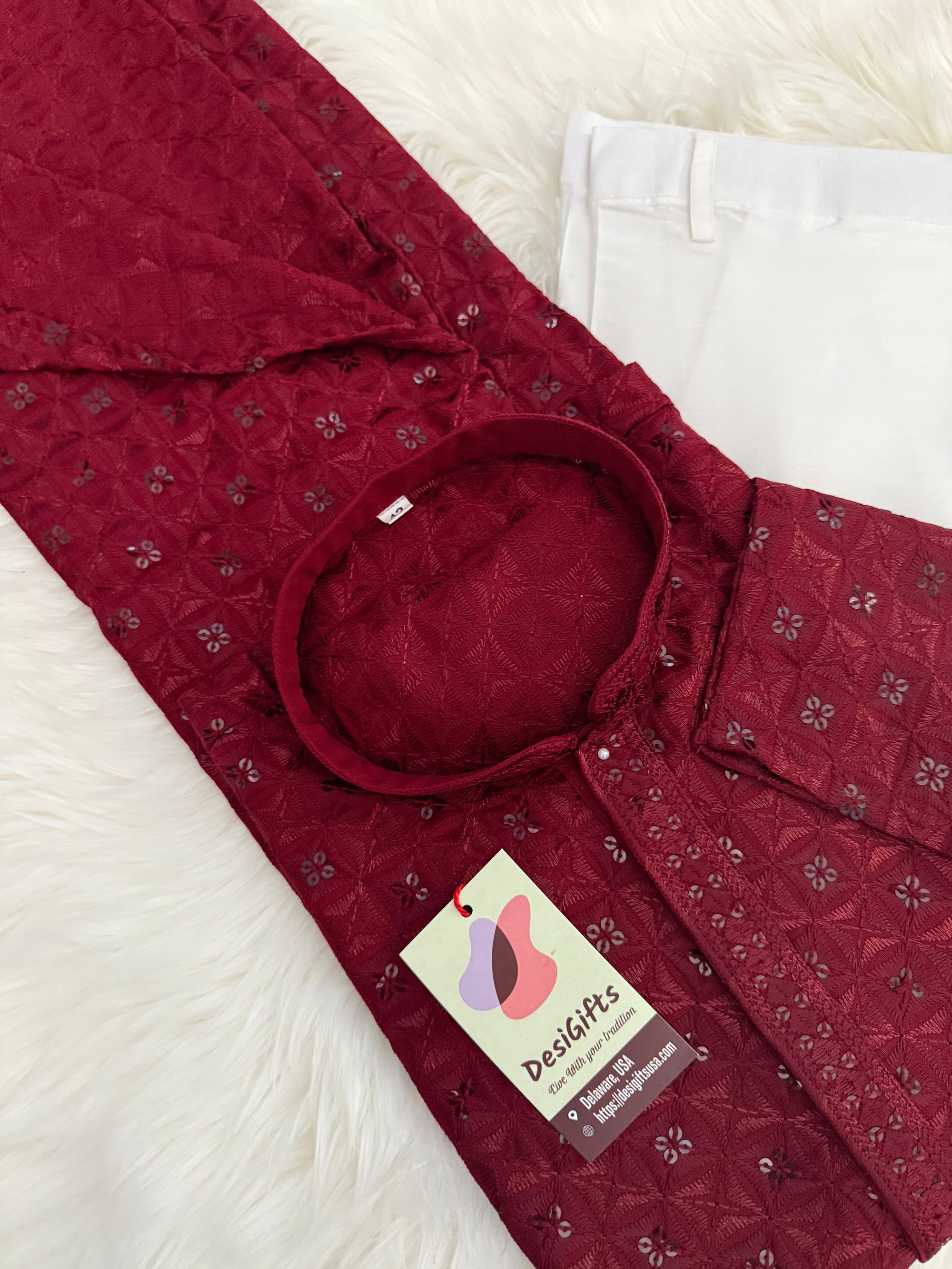 Chikankari Embroidery with Sequins Work Man Kurta Pajama Set in Cherry Red Shade, Festive Kurta Set, KP - 1699