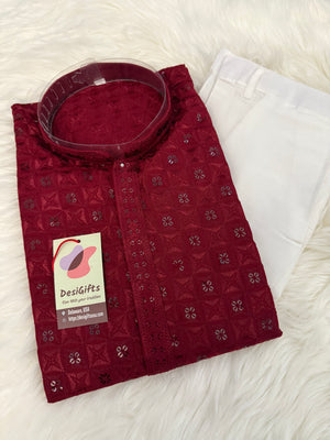 Chikankari Embroidery with Sequins Work Man Kurta Pajama Set in Cherry Red Shade, Festive Kurta Set, KP - 1699