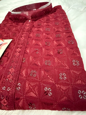 Chikankari Embroidery with Sequins Work Man Kurta Pajama Set in Cherry Red Shade, Festive Kurta Set, KP - 1699