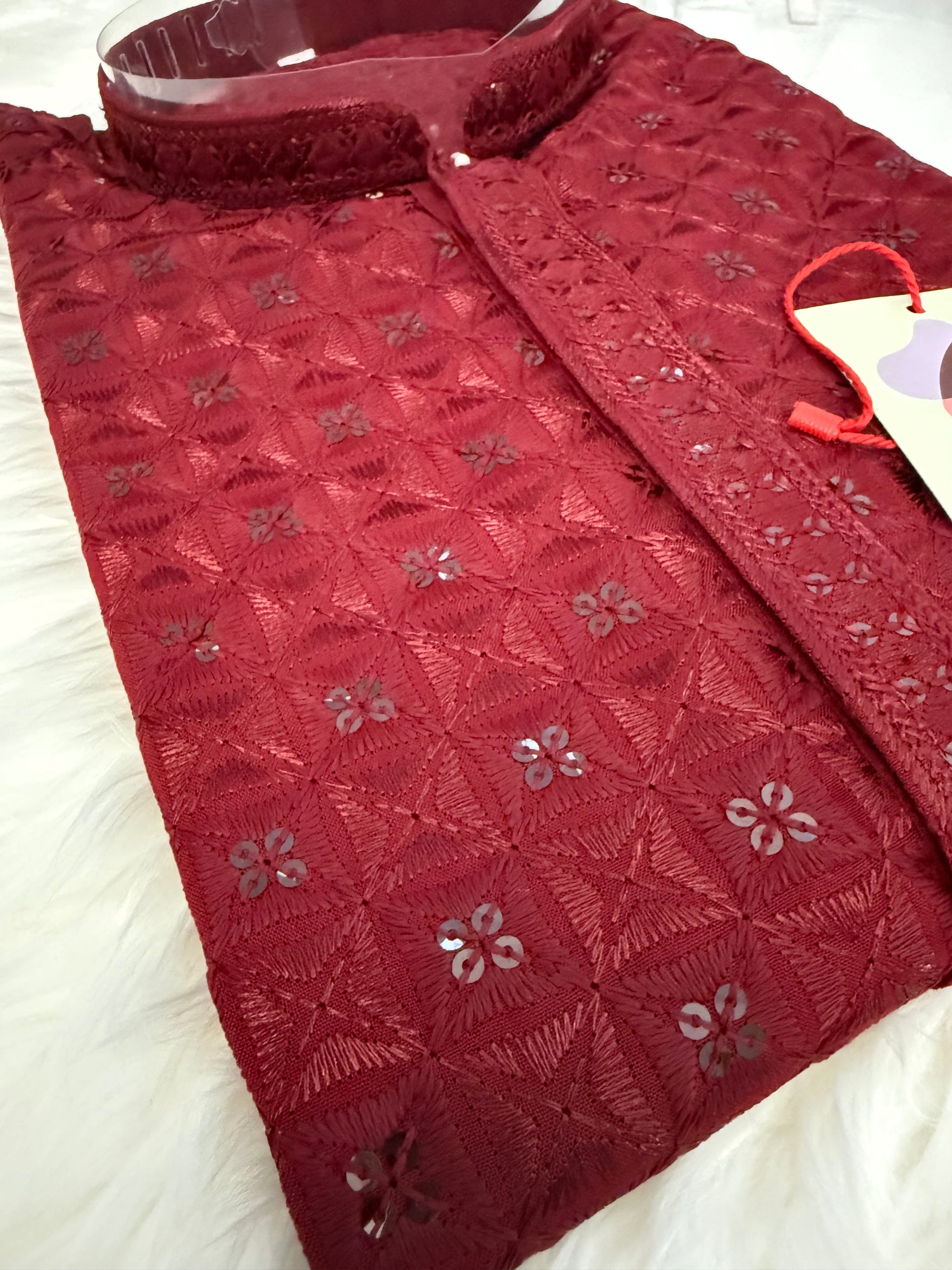 Chikankari Embroidery with Sequins Work Man Kurta Pajama Set in Cherry Red Shade, Festive Kurta Set, KP - 1699