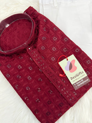 Chikankari Embroidery with Sequins Work Man Kurta Pajama Set in Cherry Red Shade, Festive Kurta Set, KP - 1699