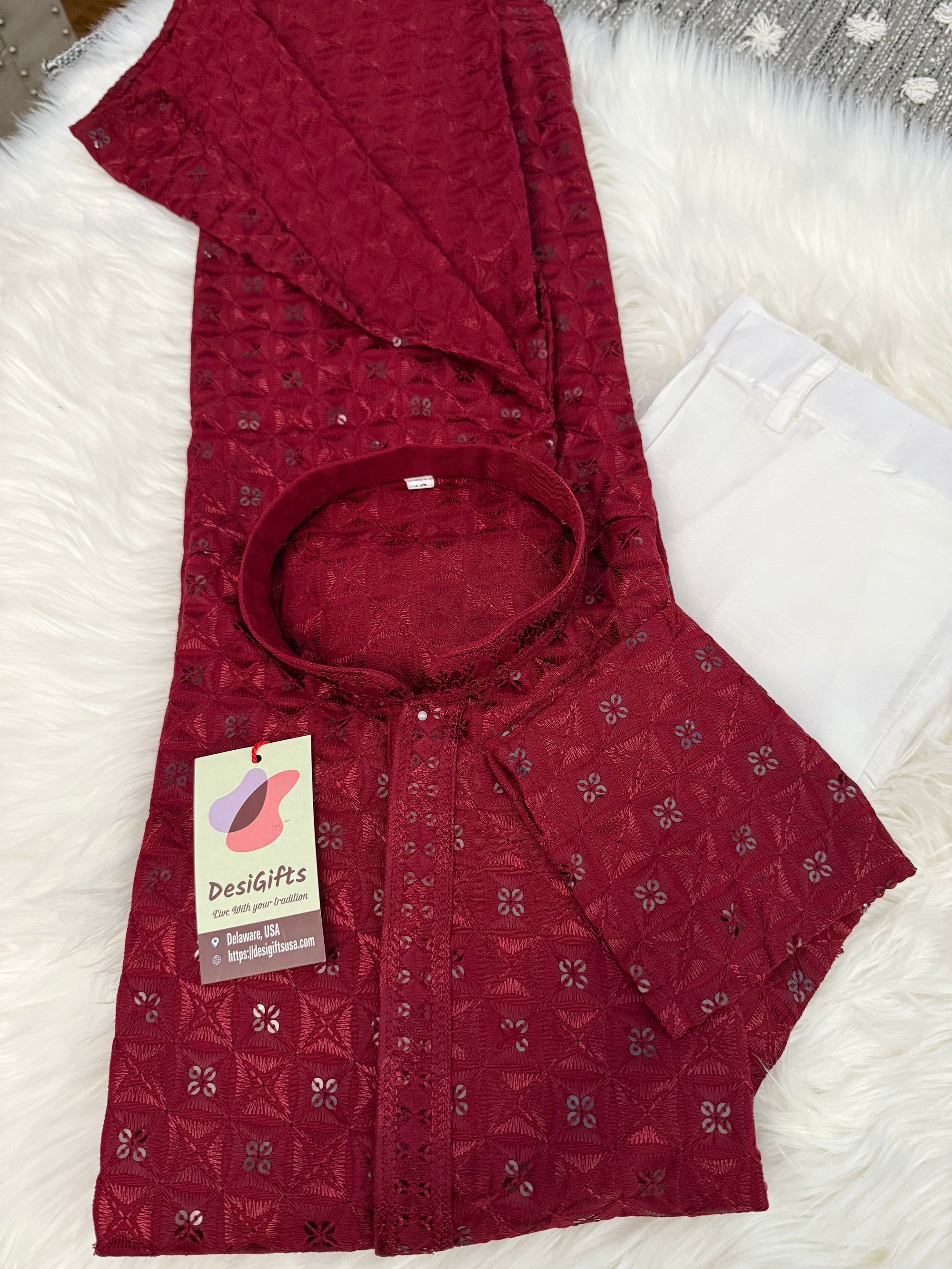 Chikankari Embroidery with Sequins Work Man Kurta Pajama Set in Cherry Red Shade, Festive Kurta Set, KP - 1699