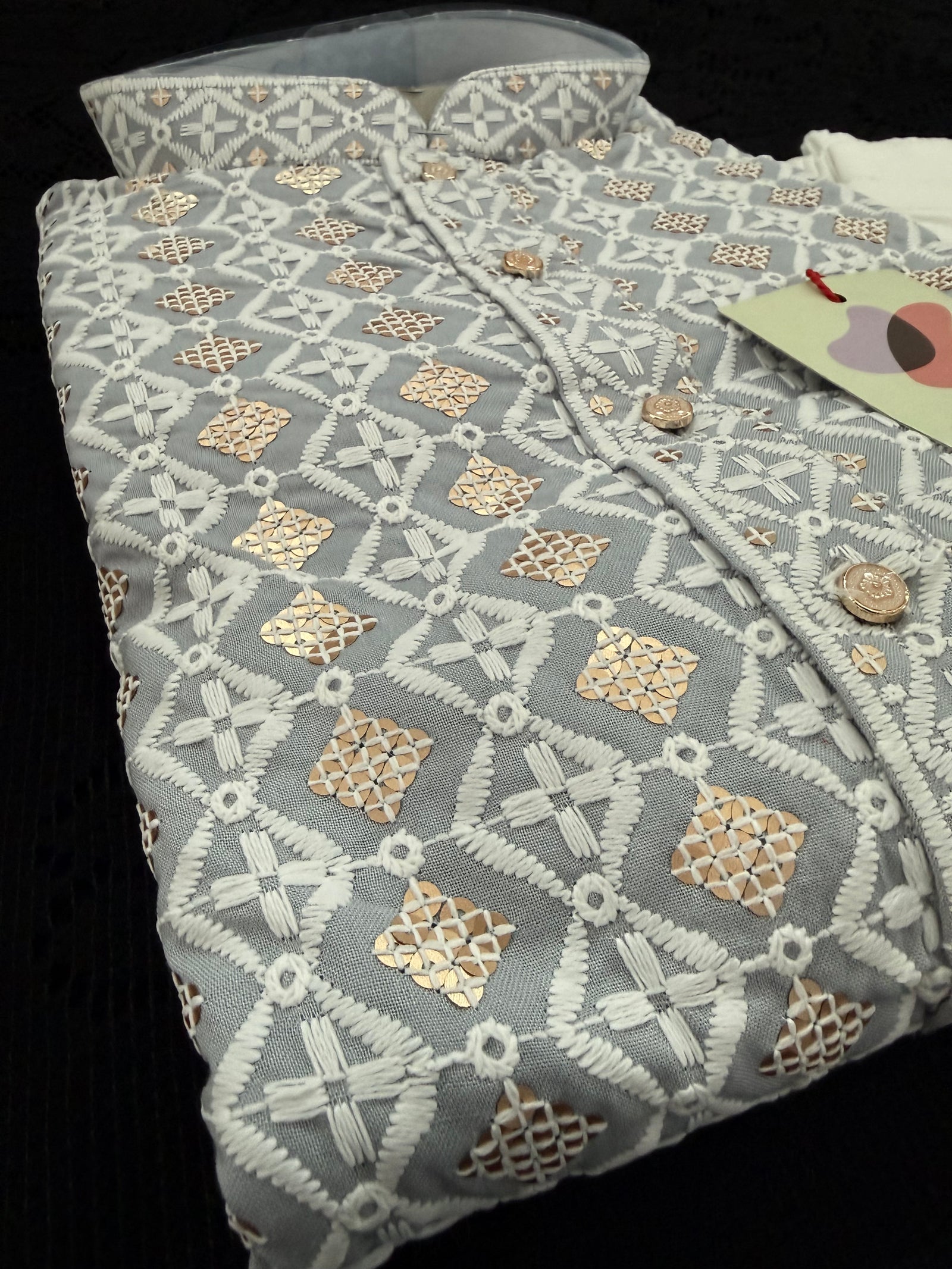 Gray Shade Men's Kurta Pajama set with Embroidery and Sequins. Two-piece Indian traditional outfit., KP - 2026