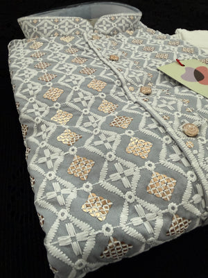 Gray Shade Men's Kurta Pajama set with Embroidery and Sequins. Two-piece Indian traditional outfit., KP - 2026