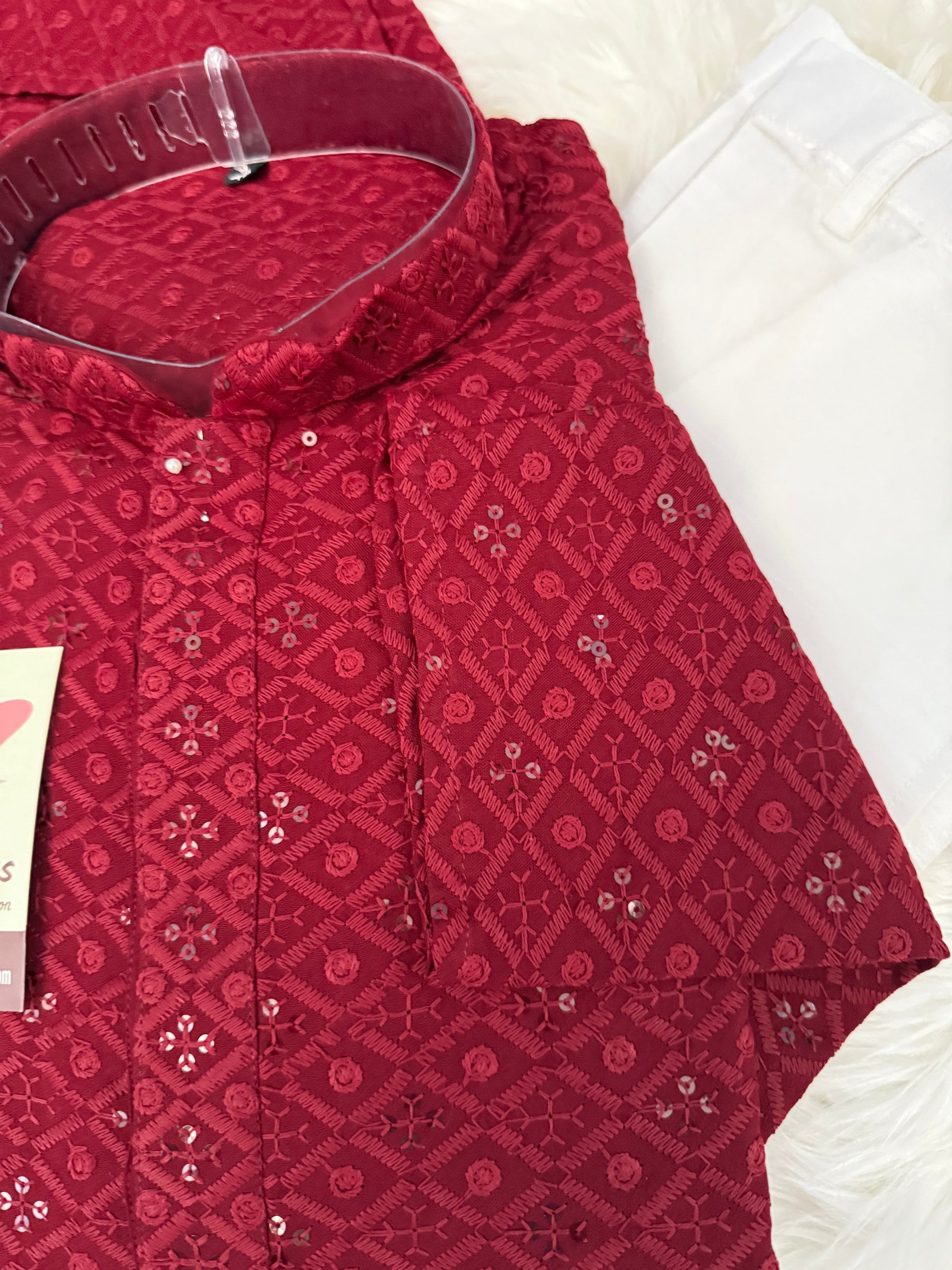 Intricate Embroidery Kurta Pajama Set for Man with Sequins Work in Scarlet Red SHade, KP - 1700