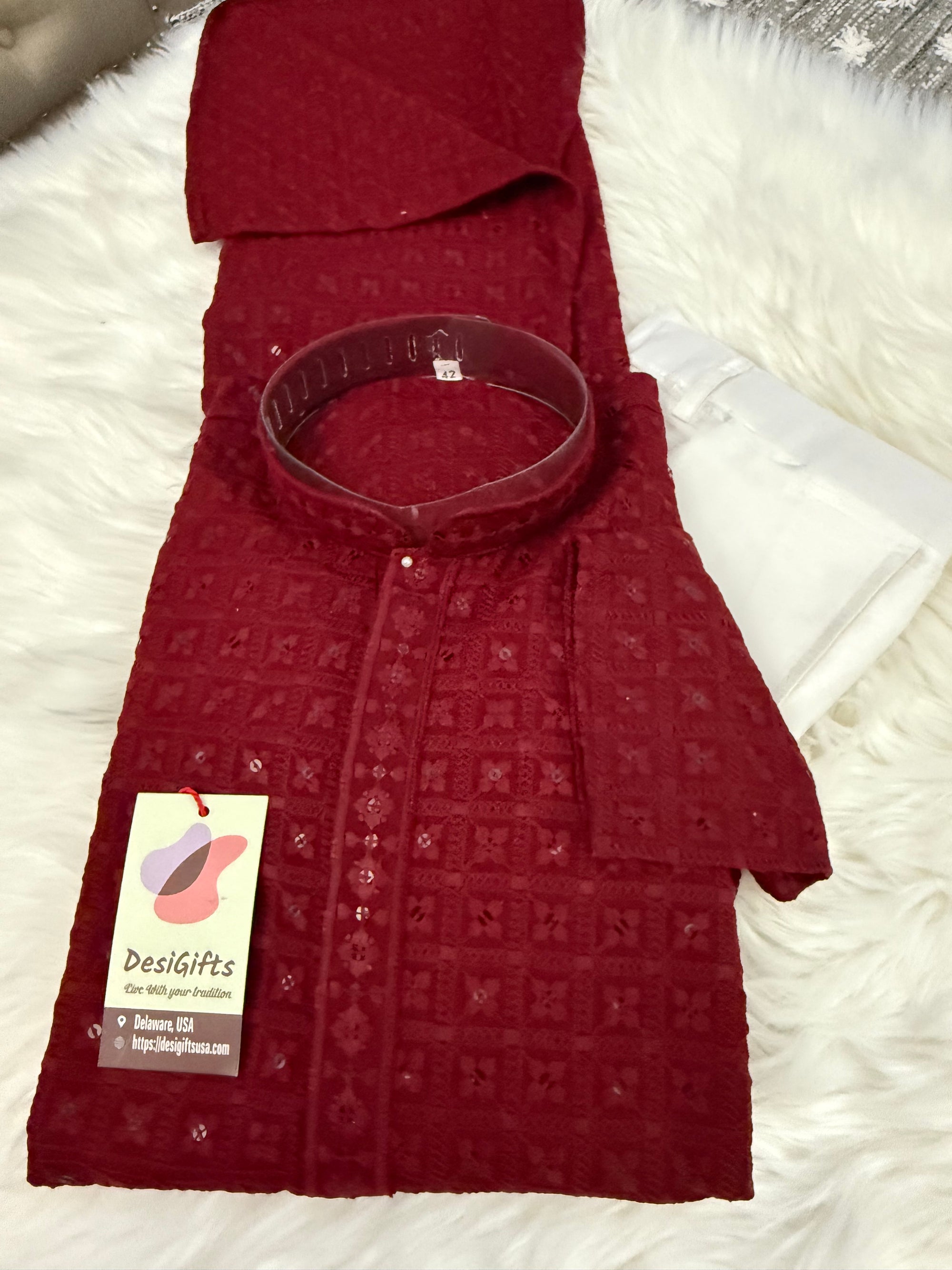 Chikankari Embroidery with Sequins Work 2 Piece Kurta Pajama Set for Man in Red Maroon Shade, KP - 1701