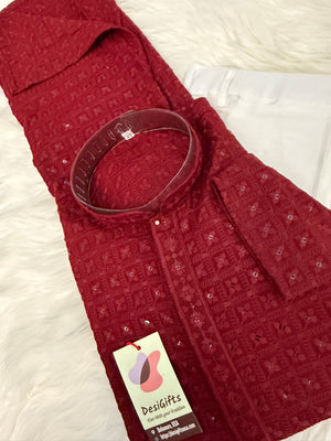 Chikankari Embroidery with Sequins Work 2 Piece Kurta Pajama Set for Man in Red Maroon Shade, KP - 1701