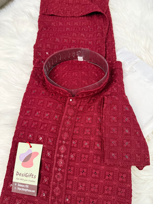 Chikankari Embroidery with Sequins Work 2 Piece Kurta Pajama Set for Man in Red Maroon Shade, KP - 1701