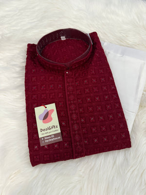 Chikankari Embroidery with Sequins Work 2 Piece Kurta Pajama Set for Man in Red Maroon Shade, KP - 1701