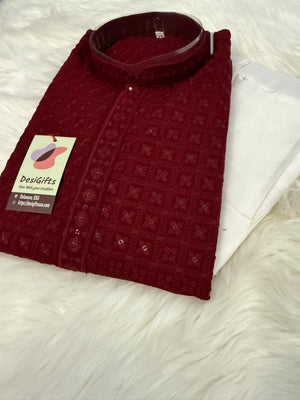 Chikankari Embroidery with Sequins Work 2 Piece Kurta Pajama Set for Man in Red Maroon Shade, KP - 1701