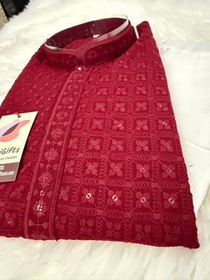 Chikankari Embroidery with Sequins Work 2 Piece Kurta Pajama Set for Man in Red Maroon Shade, KP - 1701