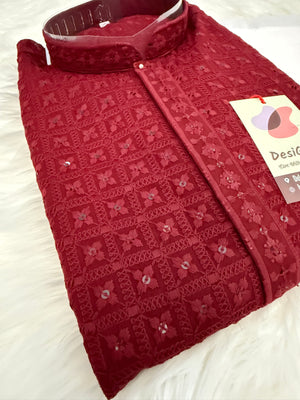 Chikankari Embroidery with Sequins Work 2 Piece Kurta Pajama Set for Man in Red Maroon Shade, KP - 1701